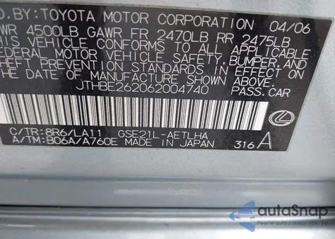 2006 Lexus Is 350 z USA, uszkodzony, nr VIN JTHBE262062004740